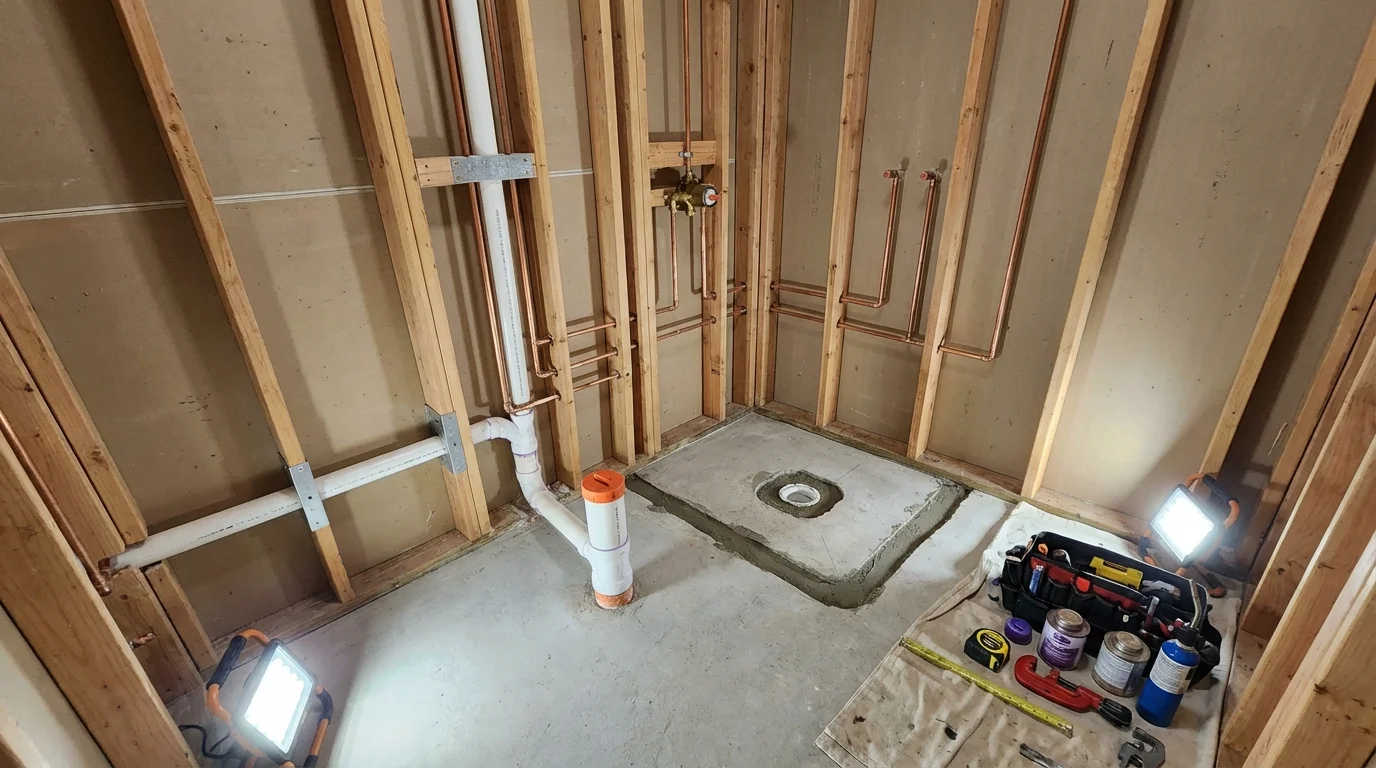 Bathroom rough-in plumbing during remodel by Johns Plumbing LLC in Lyman