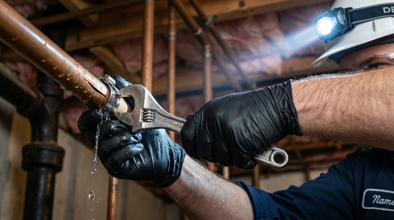 Emergency pipe clamp repair being performed by a Johns Plumbing LLC plumber in Lyman