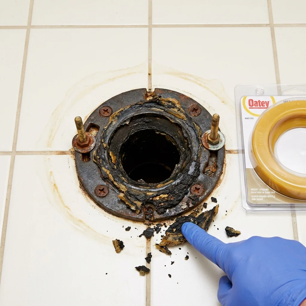 Failed wax ring showing water seepage at the base of a toilet in a Lyman, SC home